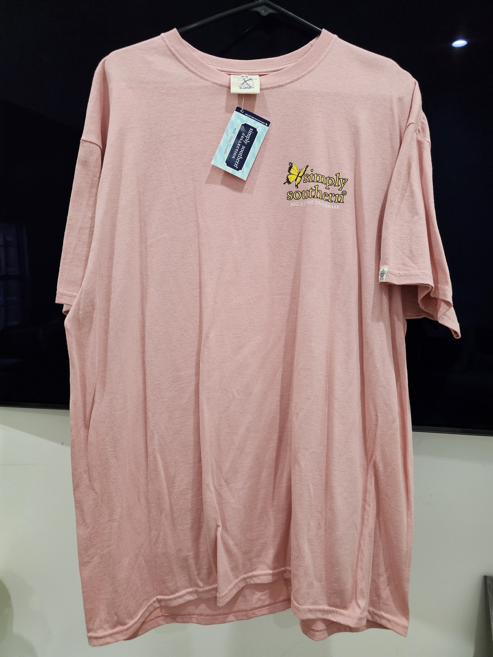 Simply Southern Men's Soft Pink Short Sleeve Crew Tee with Butterfly Logo